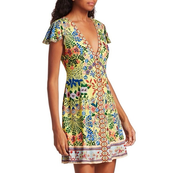 Alice + Olivia Hadley Floral Yellow Mini Fit & Flare Crepe Dress Sz 6 Tropical - Picture 2 of 16